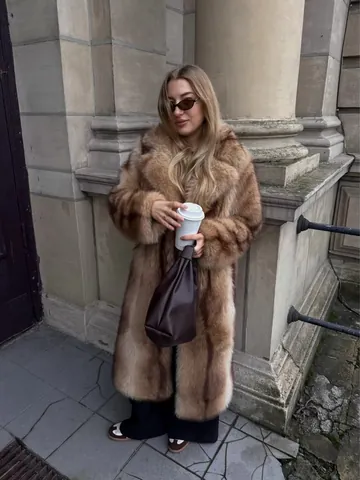 Abrigo Largo de Lujo de Piel Sintética de Zorro a Rayas para Mujer Chaqueta de Invierno Cálida de Piel Artificial con Solapa Top