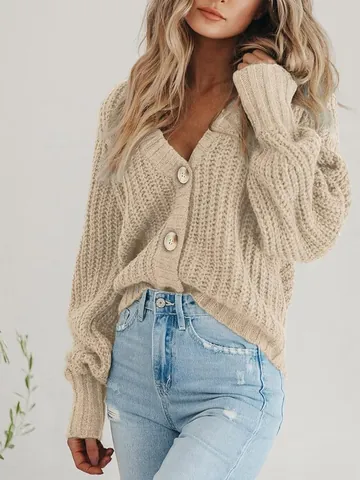 Cárdigan de Punto Calado para Mujer Suéter Corto Holgado con Cuello en V y Botones Top Casual Moda Europea Punto