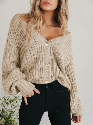 Cárdigan de Punto Calado para Mujer Suéter Corto Holgado con Cuello en V y Botones Top Casual Moda Europea Punto