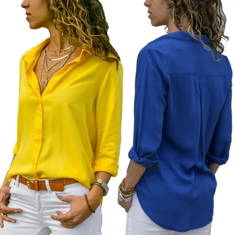 Women Casual Deep V Neck Long Sleeve Button Down Shirt Solid Color Urban Commuter Polyester Blouse Top Everyday Clothing