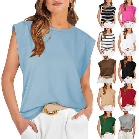 Camiseta con Mangas de Casquillo y Hombreras para Mujer Casual Mezcla de Algodón Chaleco sin Mangas Holgado Color Sólido Rayado Top de Verano
