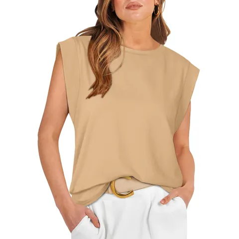 Camiseta con Mangas de Casquillo y Hombreras para Mujer Casual Mezcla de Algodón Chaleco sin Mangas Holgado Color Sólido Rayado Top de Verano