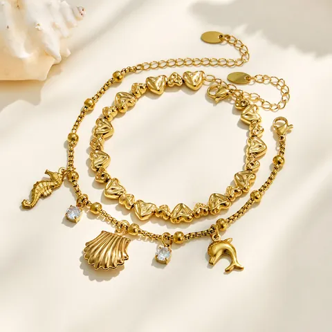 Seaside Vibe 18K Gold Plated Stainless Steel Heart Charm Bracelet Women Summer Marine Shell Dolphin Sea Horse Jewelry