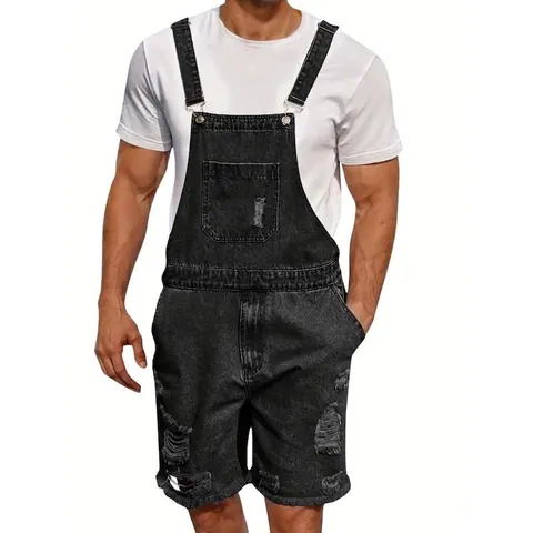Men Denim Distressed Overalls Shorts Torn Casual Washed Denim Suspender Shorts Top And Bottom For Men Streetwear Jumpsuit