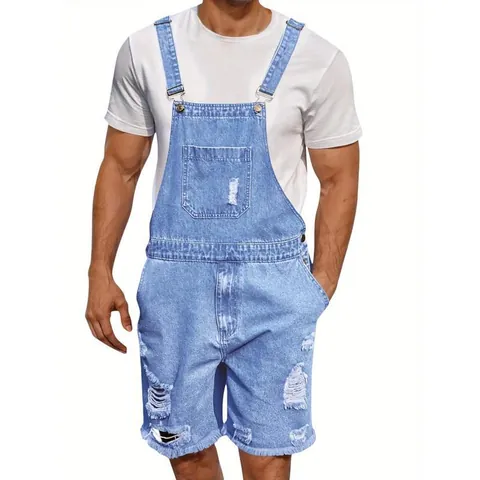 Men Denim Distressed Overalls Shorts Torn Casual Washed Denim Suspender Shorts Top And Bottom For Men Streetwear Jumpsuit