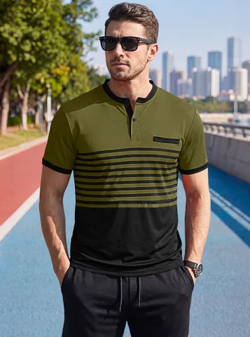 Polo de Hombre Casual de Negocios con Rayas Bloques de Color Manga Corta Cuello Henley Poliéster Elastano Punto Top Verano Con Bolsillo
