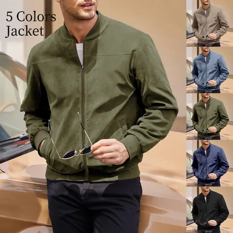 Men's Casual Faux Suede Solid Color Bomber Jacket Fashion Slim Fit Zip Up Stand Collar Outerwear Jacket Top For Men