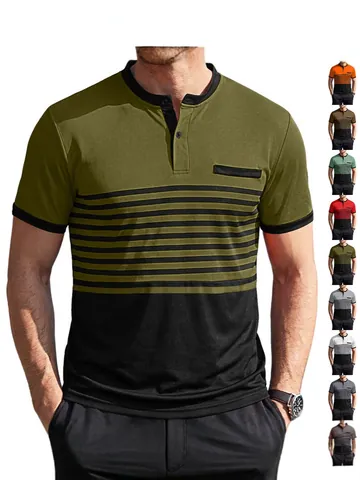 Polo de Hombre Casual de Negocios con Rayas Bloques de Color Manga Corta Cuello Henley Poliéster Elastano Punto Top Verano Con Bolsillo