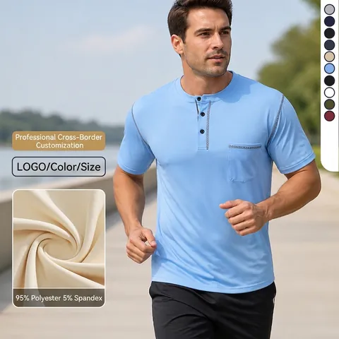 Polo Henley da Uomo Casual a Maniche Corte Viscosa Poliestere Asciugatura Rapida Traspirante Top Con Cuciture a Contrasto e Tasca