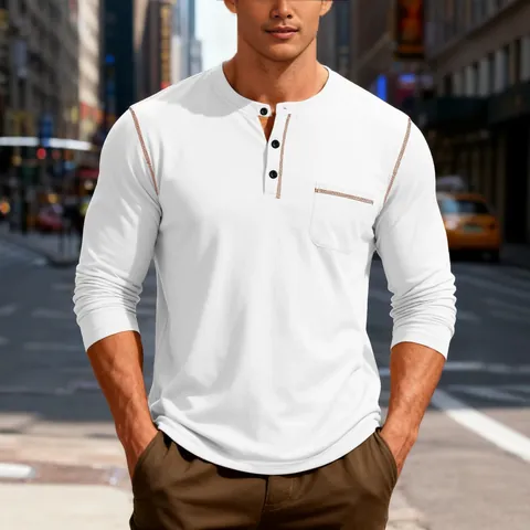 Polo Henley da Uomo Casual a Maniche Corte Viscosa Poliestere Asciugatura Rapida Traspirante Top Con Cuciture a Contrasto e Tasca