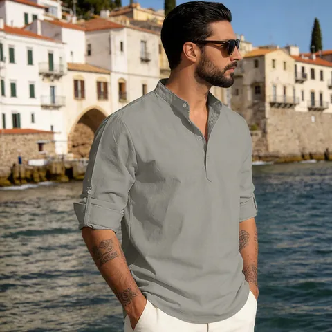 Ανδρικό Λινό Πουκάμισο Henley Όρθιος Γιακάς Μονόχρωμο Μακρύ Μανίκι Casual Αναπνεύσιμο Top Παραλία Καλοκαίρι Ρετρό Μπλούζα Ελαφρύ