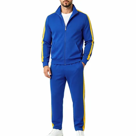 Men Sporty Contrast Stripe Tracksuit Top And Bottom Stand Collar Zipper Jacket Jogger Pants Knitted Polyester Casual Sportswear