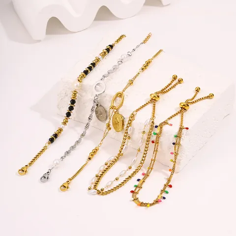 Bracelet Perlé en Pierre Naturelle et Acier Titane Avec Perle Artificielle pour Femme Bracelet Réglable Léger Fait Main