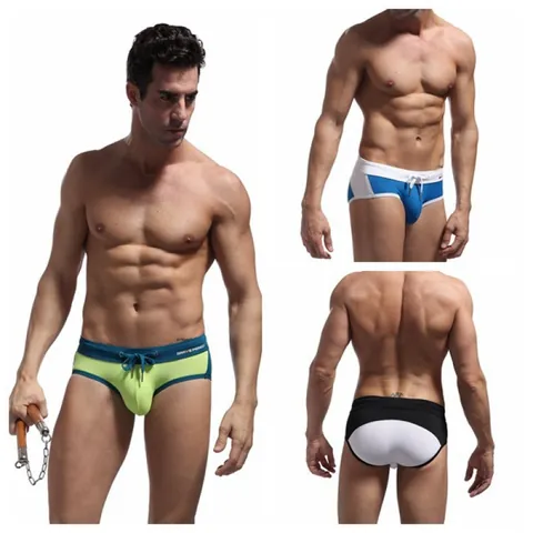 Brave Person Men Swim Briefs Low Waist Contrast Color Patchwork Drawstring Quick Dry Athletic Swimming Trunks Beachwear