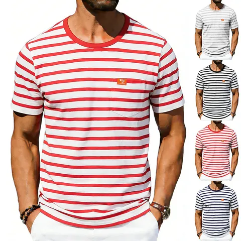 Camiseta de Corte Grande Estilo Vintage Americano para Hombre Cuello Redondo Manga Corta con Bolsillo en el Pecho Rayado Liso Poliéster