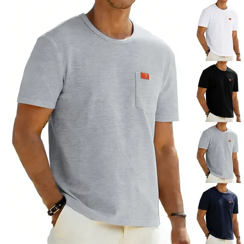 Camiseta de Corte Grande Estilo Vintage Americano para Hombre Cuello Redondo Manga Corta con Bolsillo en el Pecho Rayado Liso Poliéster
