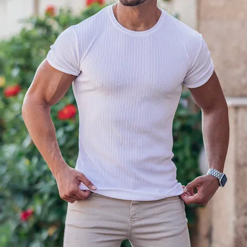 Men Ribbed Slim Fit T-Shirt Solid Color Round Neck Short Sleeve Top Summer Casual Polyester Clothing Muscle Fit Tee