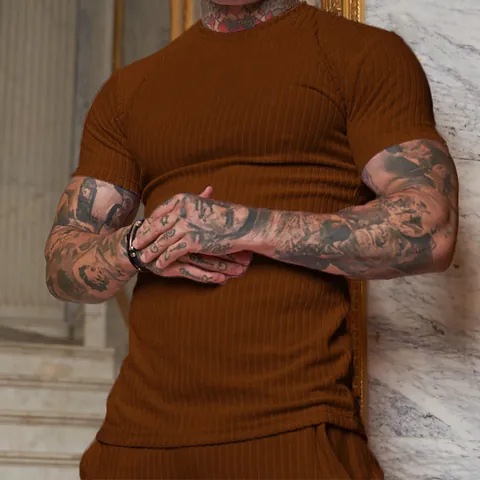 Men Ribbed Slim Fit T-Shirt Solid Color Round Neck Short Sleeve Top Summer Casual Polyester Clothing Muscle Fit Tee