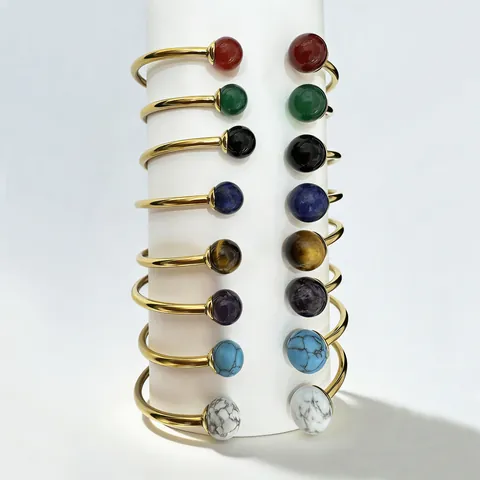 Women Western Stainless Steel 18K Gold Plated Open Cuff Bracelet With Round Semi Precious Gemstones Beads Adjustable Jewelry