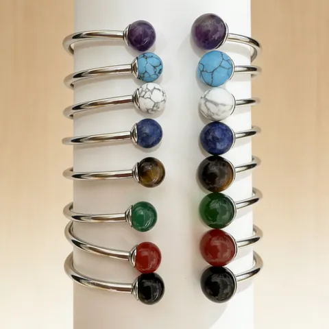 Women Western Stainless Steel 18K Gold Plated Open Cuff Bracelet With Round Semi Precious Gemstones Beads Adjustable Jewelry
