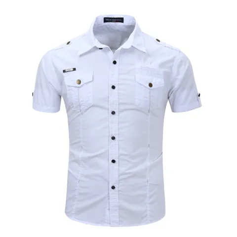 Heren Casual Katoen Korte Mouw Overhemd Outdoor Militaire Cargo Overhemd Met Dubbele Zakken Ademend Ruime Pasvorm Revers Knoop Top