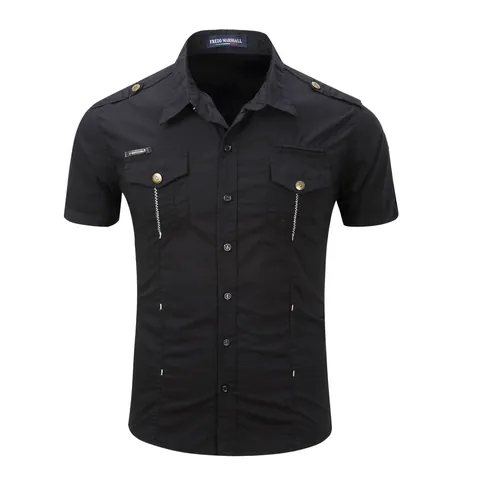Camisa de Manga Corta de Algodón Casual para Hombre Camisa Cargo Militar para Aire Libre con Bolsillos Dobles Transpirable Ajuste Holgado Solapa Botón Top