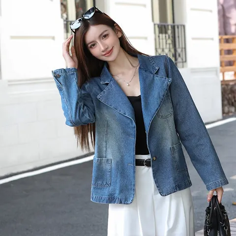 Giacca Blazer in Denim Casual da Donna Colletto a Revers Monopetto Manica Lunga Lavato Blu Denim Giacca Top Per Autunno Primavera