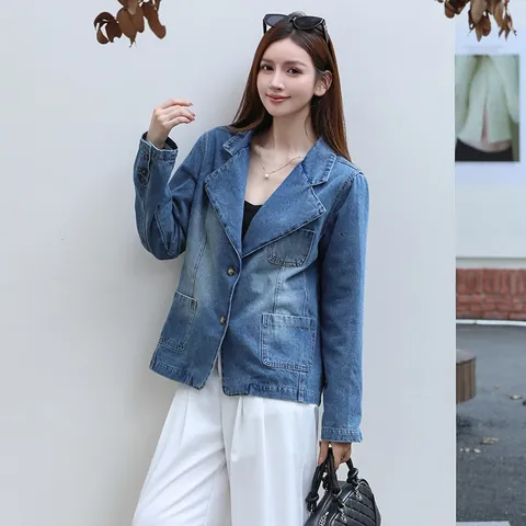 Giacca Blazer in Denim Casual da Donna Colletto a Revers Monopetto Manica Lunga Lavato Blu Denim Giacca Top Per Autunno Primavera