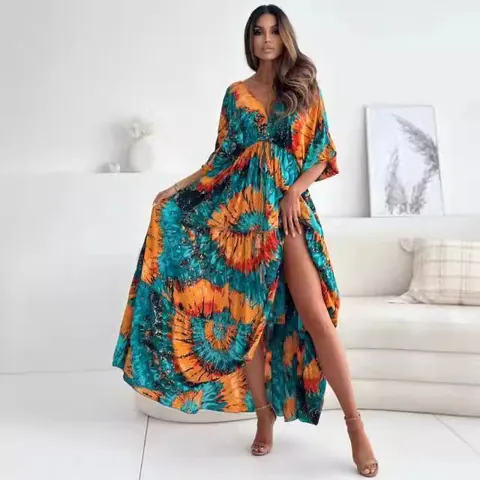 Women Bohemian Print Maxi Dress V Neck Backless Lace Up Long Sleeve High Slit Summer Beach Vacation Flowy Polyester Long Dress