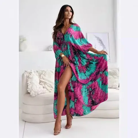 Women Bohemian Print Maxi Dress V Neck Backless Lace Up Long Sleeve High Slit Summer Beach Vacation Flowy Polyester Long Dress