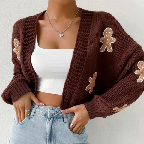 Cardigan en Maille Court pour Femmes Col en V Ouvert Devant Motif Bonhomme de Pain d'Épices Brodé Manches Longues