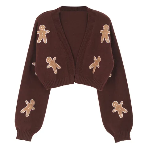 Cardigan en Maille Court pour Femmes Col en V Ouvert Devant Motif Bonhomme de Pain d'Épices Brodé Manches Longues