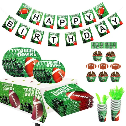 American Football Rugby Theme Birthday Party Tableware Set Disposable Paper Plates Cups Napkins Banner Tablecloth For Sports Fans