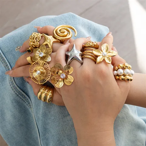 Fashion 304 Stainless Steel Flower Starfish Geometric Open Ring For Women Gold Silver Rhinestone Artificial Pearl Statement Jewelry