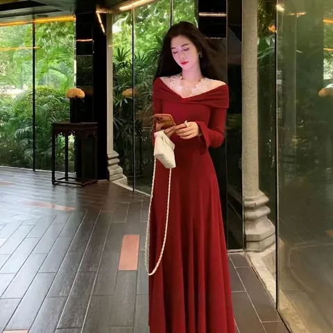 Robe Longue Vintage Française avec Dentelle Col en V Coupe Slim Manches Longues Robe Trapèze pour Femmes Tenue de Fête Élégante Nouvel An