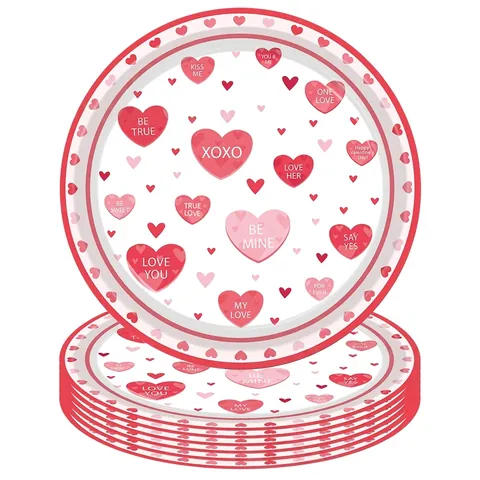 Pink Heart Valentine's Day Disposable Tableware Set Paper Plates Cups Napkins Tablecloth Banner Party Decoration Supplies