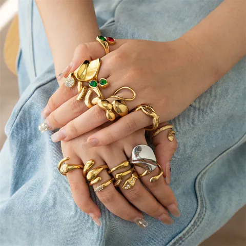 Fashion 304 Stainless Steel Flower Starfish Geometric Open Ring For Women Gold Silver Rhinestone Artificial Pearl Statement Jewelry