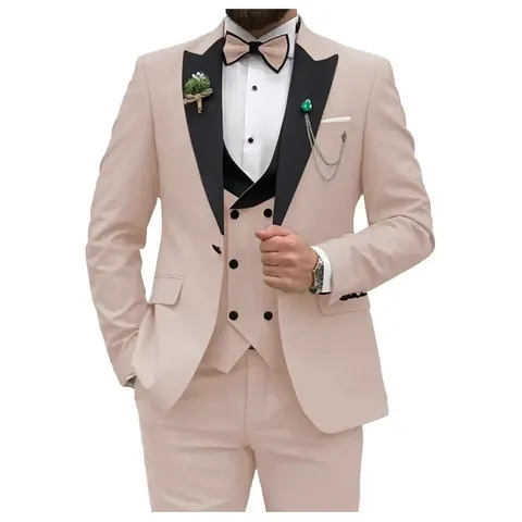 Traje de 3 Piezas para Hombre Slim Fit Mezcla de Algodón Satén Cuello Chal Chaqueta Chaleco Pantalones Para Boda Banquete Negocios Traje Formal