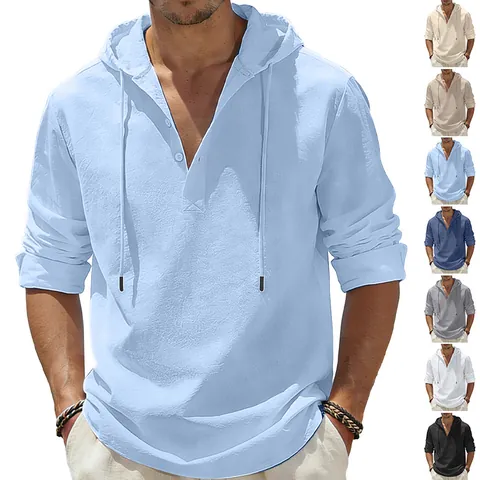 Men Casual Cotton Linen Hooded Henley Shirt Long Sleeve Solid Color Loose Fit Lightweight Pullover Top For Autumn Outdoor Beach