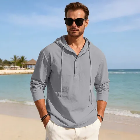 Men Casual Cotton Linen Hooded Henley Shirt Long Sleeve Solid Color Loose Fit Lightweight Pullover Top For Autumn Outdoor Beach