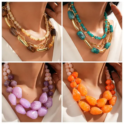 Grote Acryl Kralen Ketting Voor Dames Vintage Marmer Inktwassing Textuur Boheemse Lange Trui Ketting Mode Accessoire