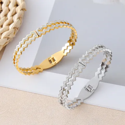 Hohler Zickzack-Sägezahn-Titan-Stahlreif Für Damen Gold Silber Galvanisiert Strass Eingelegt Modeschmuck Luxus-Hand-Accessoire