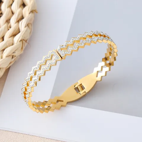 Hohler Zickzack-Sägezahn-Titan-Stahlreif Für Damen Gold Silber Galvanisiert Strass Eingelegt Modeschmuck Luxus-Hand-Accessoire