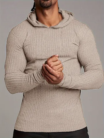 Ανδρικό Slim Fit Φούτερ με Κουκούλα για Προπόνηση Πλεκτό με Ραβδώσεις Μακρυμάνικο Αθλητικό Φούτερ με Επένδυση Fleece