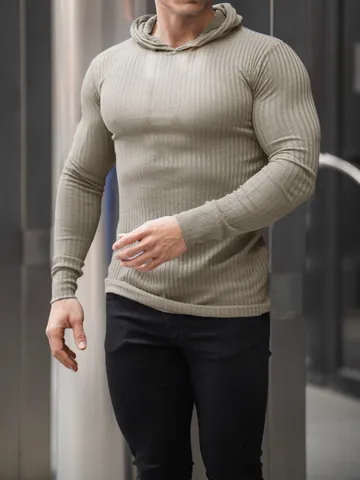 Ανδρικό Slim Fit Φούτερ με Κουκούλα για Προπόνηση Πλεκτό με Ραβδώσεις Μακρυμάνικο Αθλητικό Φούτερ με Επένδυση Fleece