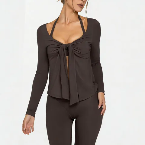 Women High Elastic V-neck Tie Front Yoga Jacket Long Sleeve Ribbed Slim Fit Pilates Fitness Activewear Top Gym Workout Coat