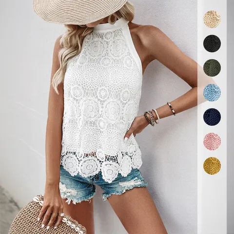 Top de Encaje Halter para Mujer Sin Mangas Hueco Ganchillo Chaleco Elegante Casual Verano Vacaciones Patchwork Top Sólido