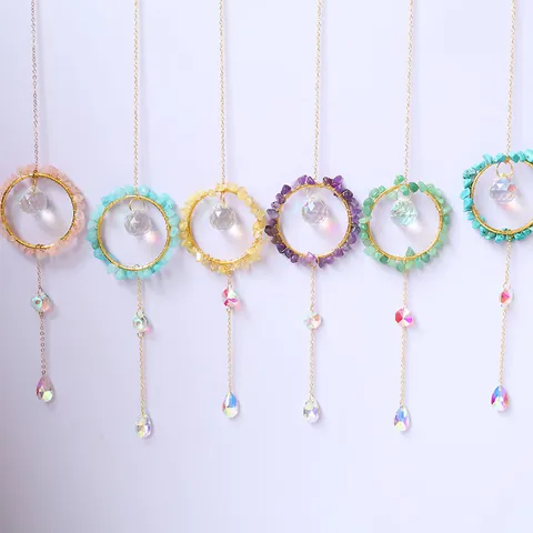 Boho Crystal Suncatcher Moon Star Wind Chime Pendant Natural Raw Stone Handmade Hanging Ornament Home Garden Decor Rainbow Maker