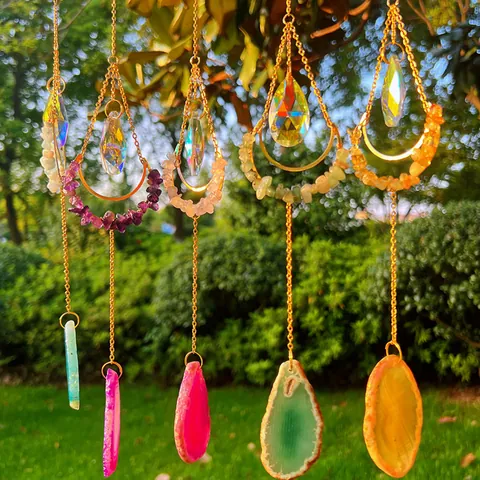 Moon Crystal Suncatcher with Natural Agate Slice Aquamarine Handcrafted Window Garden Ornament Boho Home Decor Wind Chime