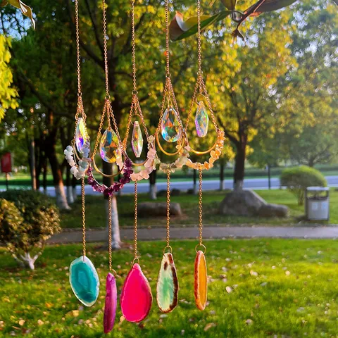 Moon Crystal Suncatcher with Natural Agate Slice Aquamarine Handcrafted Window Garden Ornament Boho Home Decor Wind Chime